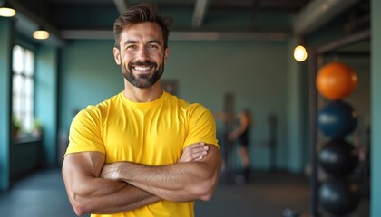 Confident man, fitness trainer wearing yellow t-shirt stands arms crossed in gym. Sport coach smiles looking camera. Healthy lifestyle, workout and weight loss ad concept. Copy space.