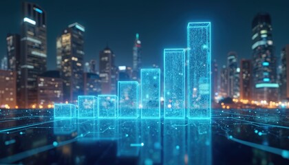 Tech driven business dynamics over digital backdrop with rising neon chart bars. Cityscape skyline at night, futuristic connection, communication tech, modern innovation, growth analysis, global