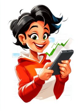 Ilustraci&oacute;n de una mujer empoderada con independencia financiera utilizando su tel&eacute;fono m&oacute;vil para gestionar sus inversiones