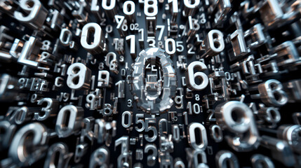 Random 3d rendered decimals. Camera loopable fly through metal digits. Abstract tech background.