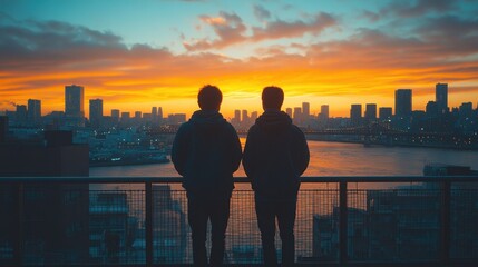 Fototapeta premium Two people standing on a balcony overlooking a city skyline moment together