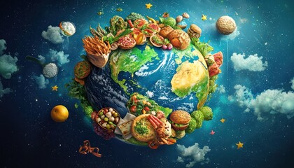 Colorful Earth Surrounded by Various Delicious Foods and Snacks
