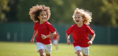 Two children run in field wearing red shirts, white shorts. Smiling kids exercising, fun outside. Active childhood, healthy lifestyle, sport activity, future generation. Team sport training camp.