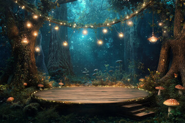 The stage is empty, with a moss-covered wooden platform.