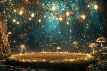 Obraz premium The stage is empty, with a moss-covered wooden platform.