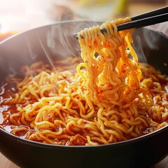 Delicious Spicy Instant Noodles with Steam Rising and Vibrant Colors