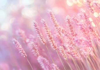 Obraz premium Delicate Pink Grass Blossoms Against a Dreamy Bokeh Background with Soft Lighting and a Tranquil Atmosphere for Nature Lovers and Floral Enthusiasts