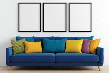 Comfortable couch with blue fabric and yellow blue pillow accented by a vibrant plant in a modern living room