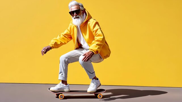 happy cool gray haired bearded hipster old senior man skater with skateboard moves on yellow background. Older people freedom spirit concept