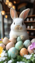Bunny with eggs indoor, colorful easter scene