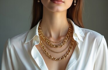 Elegant woman gold chain necklaces with white shirt. Glam female wears layered golden chains detail. Beauty accessory fashion portrait for jewellery catalog shoot. Contemporary design, chic urban