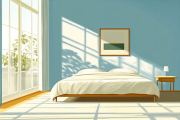 Fototapeta premium a minimalist cartoon illustration of an empty bedroom with a bed,