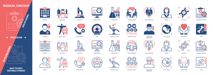 Medical Checkup icon set. Patient, Laboratory, Analysis, Consultation, Hospital, Fetal Check, Nurse, DNA Test. Duotone color solid and editable outline icons © Genestro