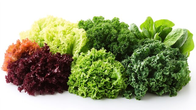 Fresh green curly lettuce, red lollo rosso, kale and baby spinach forming a healthy salad mix