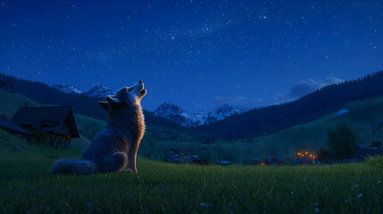 Husky howling at night, alpine village background, starry sky, nature scene, movie poster