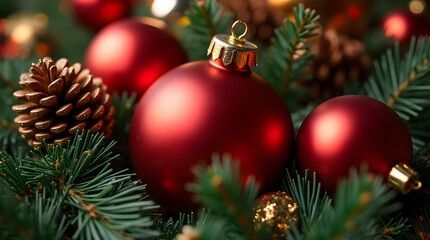 Fototapeta premium Festive Close-Up of Traditional Red Matte Christmas Ornaments Pine Cones and Green Pine Needles