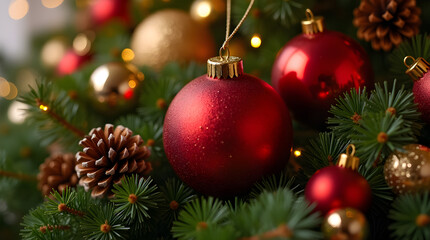 Fototapeta premium Festive Red and Gold Christmas Ornaments: Close Up of Holiday Baubles, Pine Cones, and Tree Decorations