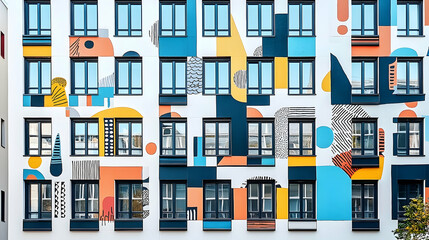 Colorful abstract mural on modern apartment building facade, city background, architectural design