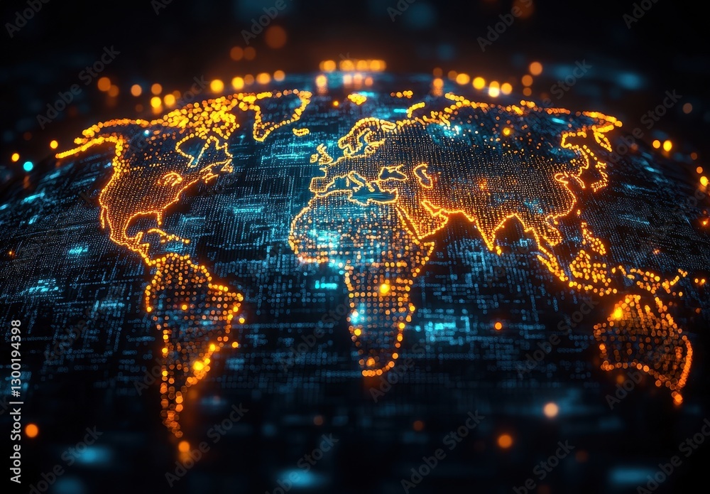 Poster digital representation of the world map with glowing data connections showcasing technology, globali