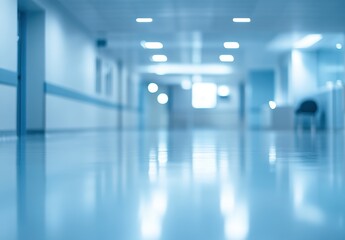Obraz premium Dimly Lit Hospital Corridor with Smooth Floor Reflections, Blue Tones and Soft Lighting Creating a Calm and Serene Environment for Patients and Staff