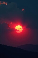 Crimson sun rays pierce brooding, charcoal clouds at dawn , cloud formation, clouds