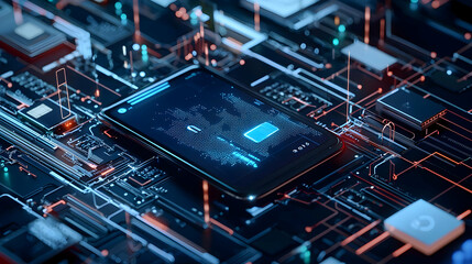 Intricate Circuit Board System Illuminated With Blue And Orange Neon Lights