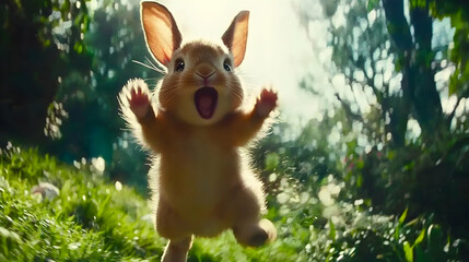 Playful bunny hops in sunlit forest, Easter eggs blurred background, spring advertisement