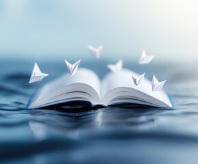 Pages of Imagination: Surreal Open Book Transforming into a River of Dreams