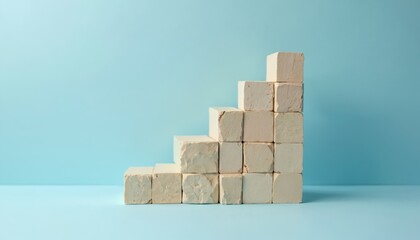 Stair-like structure made of beige stone blocks. It symbolizes business growth. Construction on blue paper background. Copy space available, blank area for text or infographic insertion.