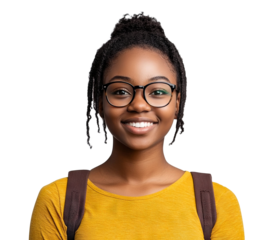Happy African American girl with glasses and backpack, isolated on transparent cutout background