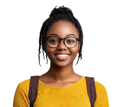 Happy African American girl with glasses and backpack, isolated on transparent cutout background