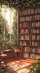A Cozy Room Filled With Books And Floral Vines