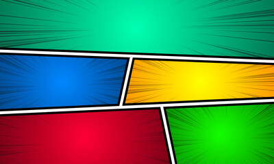 Comic book page composition with halftone ray circles, bright radial effect in various colors. Blank template. Vector illustration