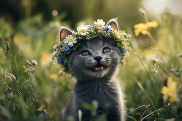 Fototapeta premium Morning rays. Cute baby cat russian blue wearing feral flower circlet on its head. Summertime happiness. Gentle summer breeze on a catâ€™s fur. Happy cat playing in the sun. Happy little kitte.
