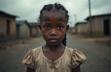 Portrait of a sad african girl standing on dirty street with old houses. Poverty social inequality concept. Problems of hunger, crisis, unemployment, homelessness. Child looking at camera.