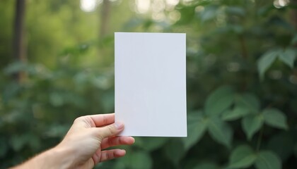 Hand holds blank flyer in nature. White paper sheet for brand presentation, event announcement. Brochure mockup template against blurry green leaves background with copy space to promote product,