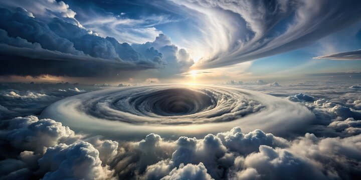 A majestic storm cloud with a swirling vortex of air at its center, surrounded by a halo of mist and vapor , aerial turbulence, cyclonic activity