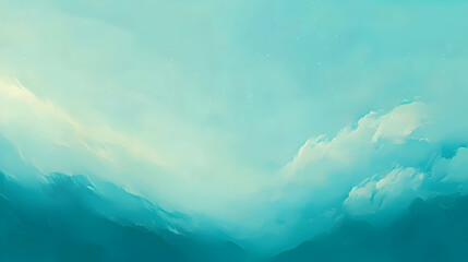 Naklejka premium Serene teal mountain landscape, dreamy cloudscape, sunrise/sunset, digital art, website background