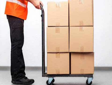 Mover using dolly to transport stacked boxes in warehouse setting