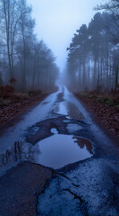 Obraz premium a misty forest road leading into the distance,