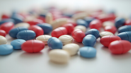 Medication Pills Capsules Treatment Colorful Red Blue White Shallow Depth of Field Healthcare