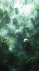 a misty forest with mysterious fog and ghostly skulls floating in the air,