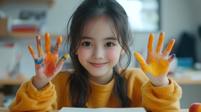 Smiling girl showing painted hands after art class at home