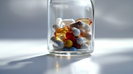 Close-up of a transparent bottle with a variety of capsules, lit with bright studio lighting on a clean white surface, no logos or labels.