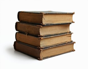 Fototapeta premium Stack of four old hardcover books with brown pages. Antique literature, history concept. Vintage books pile on white background. Isolated cutout object. Symbol of wisdom, learning, education,
