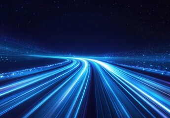 Dynamic Light Trails Over Dark Background Creating a Sense of Speed and Motion in a Futuristic Environment Filled with Stars and Twinkling Particles