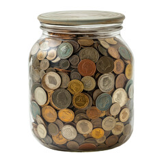Transparent jar showcasing a variety of coins