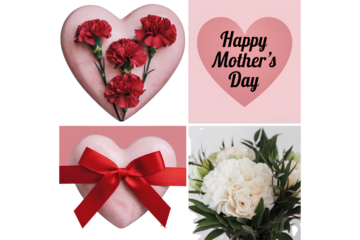 Mother's Day Composition – Heart with Red Carnations, 'Happy Mother's Day' Text with Ribbon, and White Flower Bouquet Isolated on Transparent Background PNG