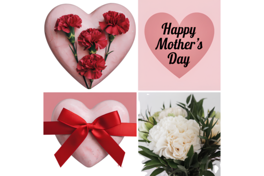 Mother's Day Composition – Heart with Red Carnations, 'Happy Mother's Day' Text with Ribbon, and White Flower Bouquet Isolated on Transparent Background PNG