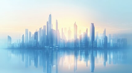 Fototapeta premium Blue and light cityscape with reflection in the water below